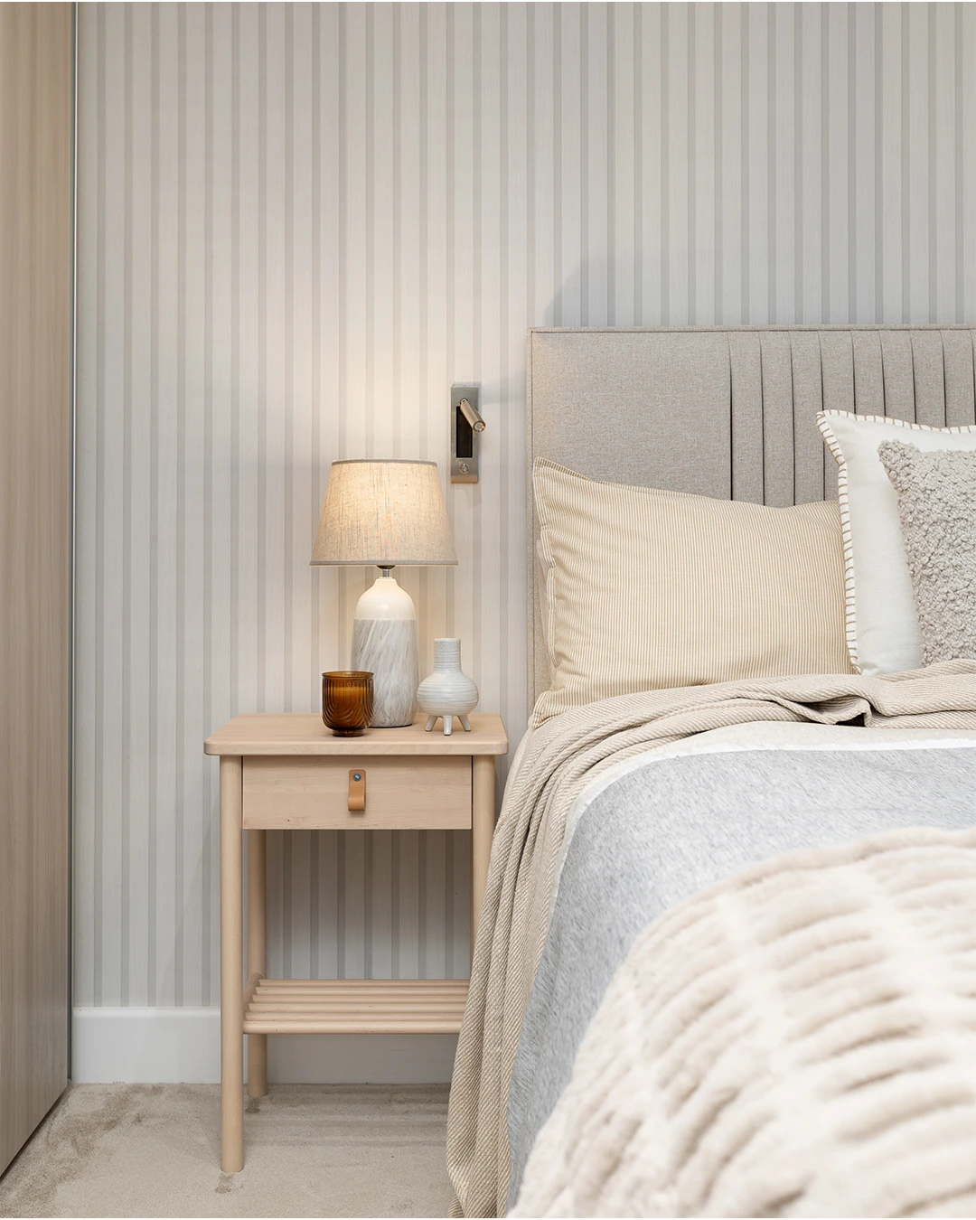 Modern Scandinavian-inspired bedroom from the Railway Cottage project by Tracey Andrews Interiors