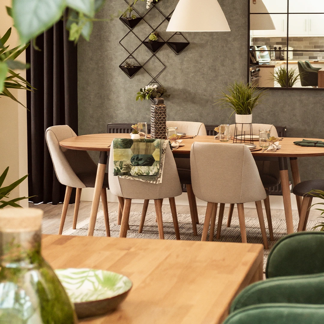 Light-filled Scandinavian dining area with natural materials and biophilic touches